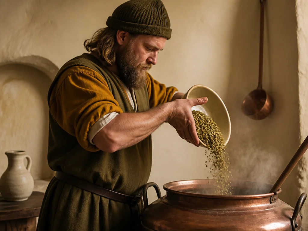 Photorealistic editorial photograph of one brewer adding hand-crushed hops and herbs from a plain ceramic bowl into a co