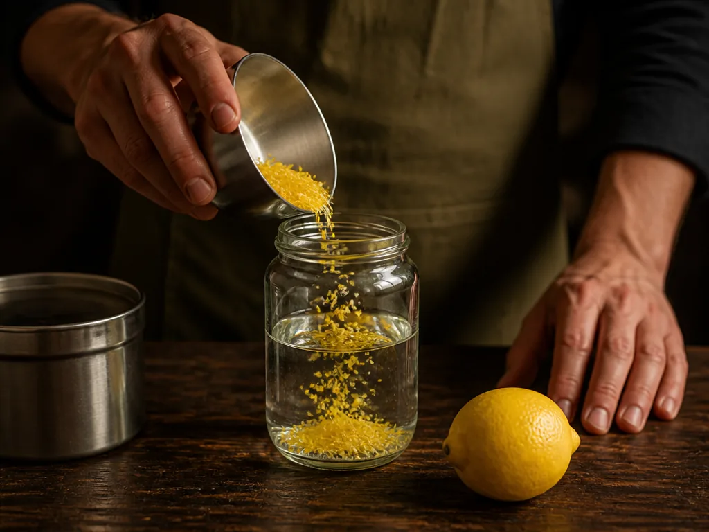 Photorealistic editorial photograph of a maker's hands pouring lemon zest into a clear glass jar of high-proof alcohol, 